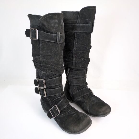 Anna Shoes - Anna Women's 10 Black Faux Suede Knee High Slouch Boots Buckle Accents Flat Zip